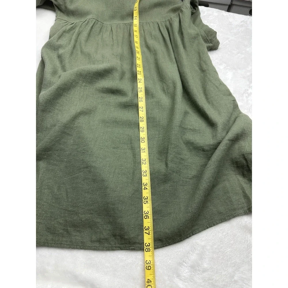 Briggs Linen Blend Dress Womens Small Olive Green V-Neck Cuffed Sleeve Pockets